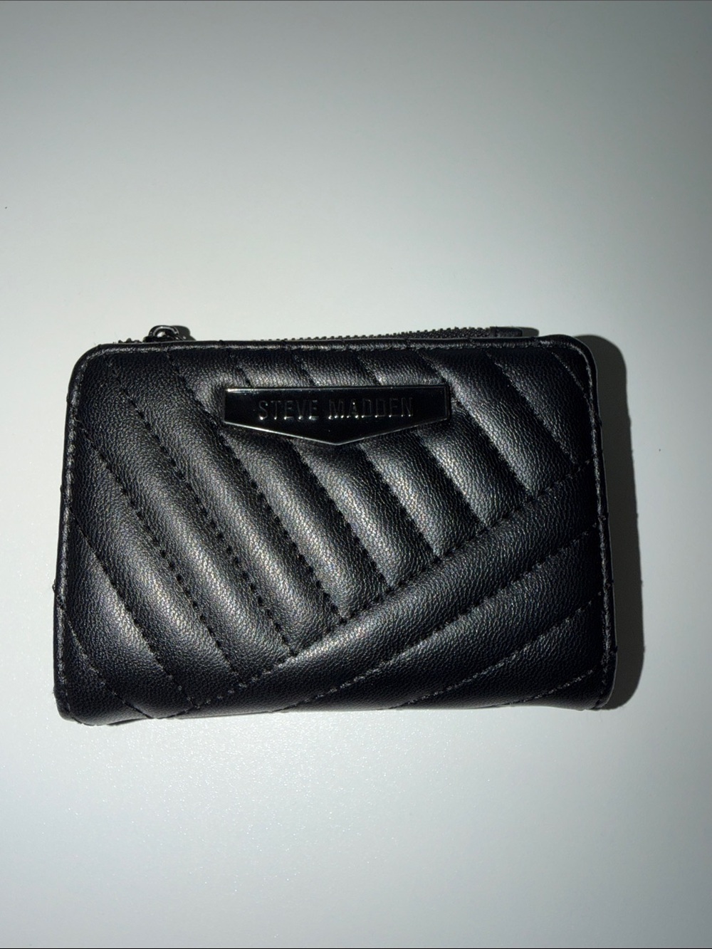 Steve Madden Black Quilted Compact Zip Card Case